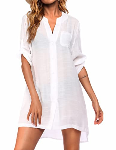 Ekouaer Bathing Suit Cover Up for Women V Neck Button Down Swimsuit Coverup Beach Dress Shirt White | Amazon (US)