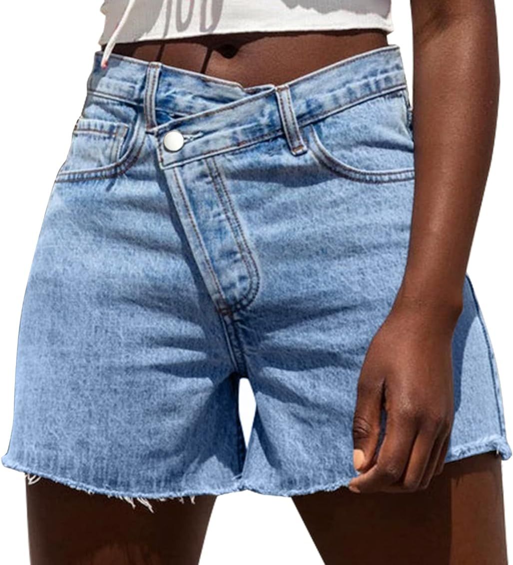 Genleck Criss Crossover Jean Shorts Womens High Waisted Frayed Raw Hem Washed Blue Casual Summer Den | Amazon (US)