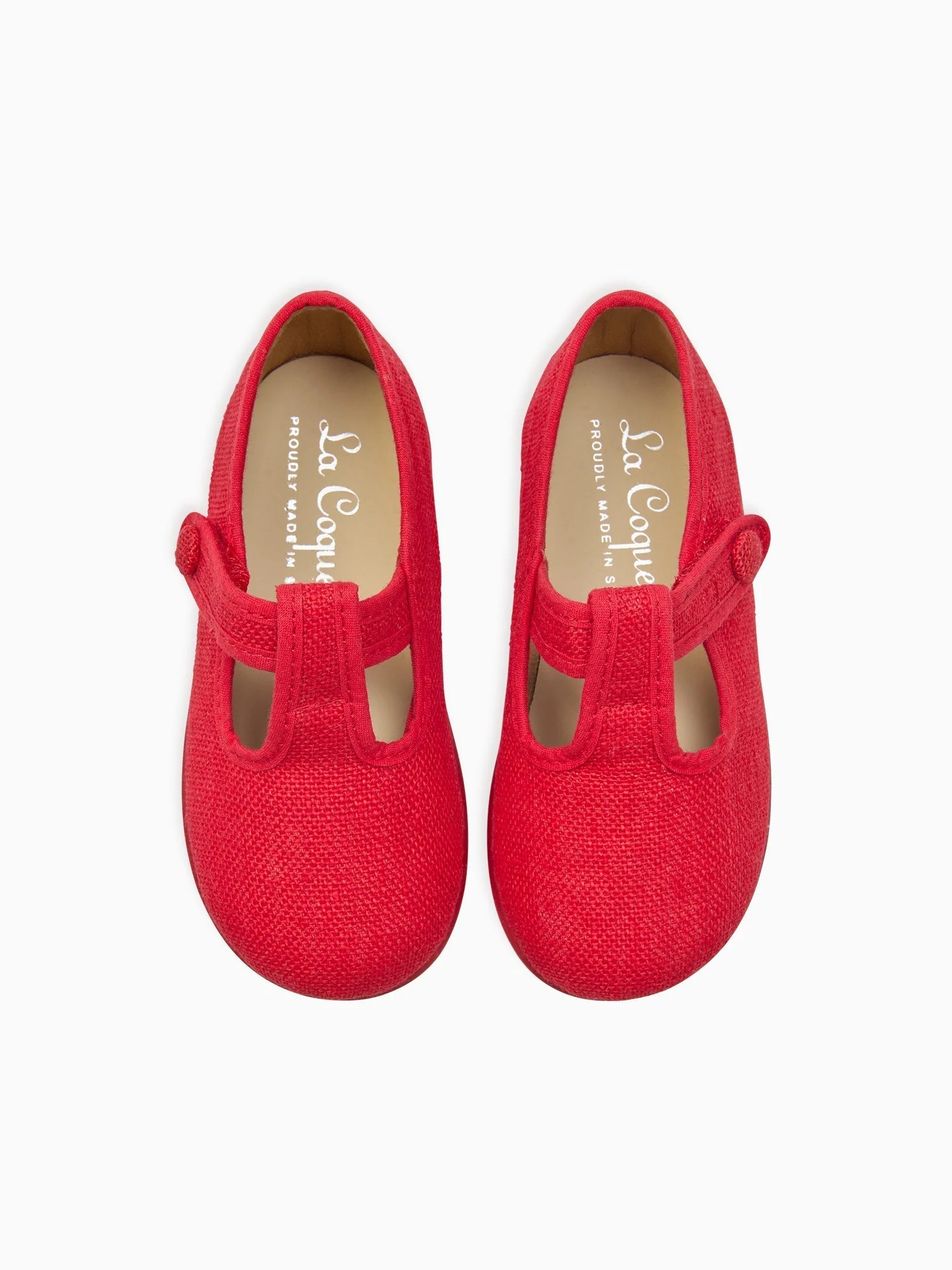 Red Pedro Canvas Baby T-Bar Shoes | La Coqueta (US)