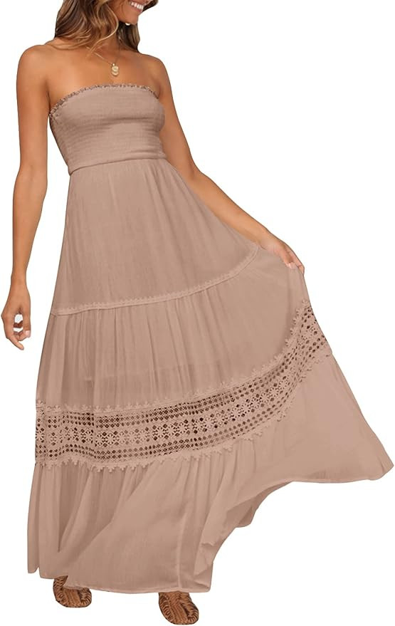 ZESICA Women's Summer Casual Strapless High Waist Backless Lace Crochet Trim Ruffle A Line Long M... | Amazon (US)