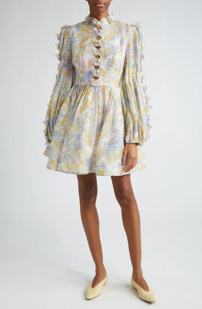 Butterfly Embellished Long Sleeve Linen & Silk Minidress | Nordstrom