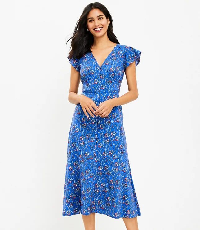 Floral Flutter V-Neck Midi Dress | LOFT