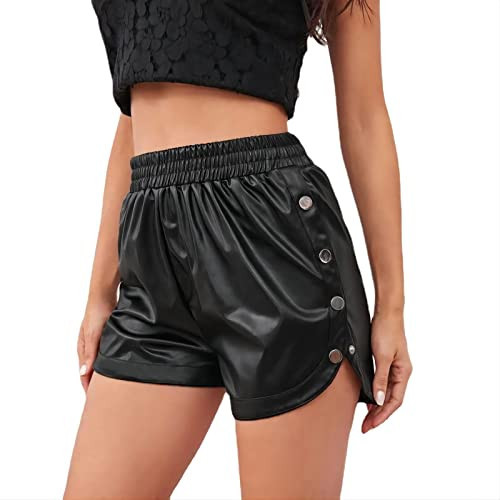 Women Casual Leather Shorts Black Stretchy High Waisted Faux Leather Loose Shorts Wide Leg Split Medium | Amazon (US)