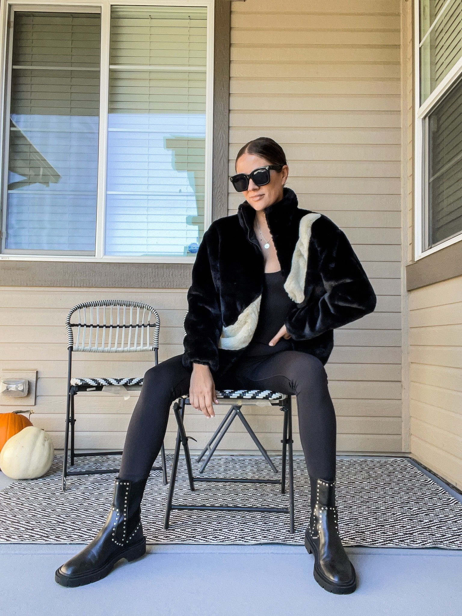Game day. Football game outfit. Faux fur jacket. Catsuit. Skims catsuit. Black swoosh faux fur. Black bomber jacket  

#LTKU #LTKCon #LTKstyletip