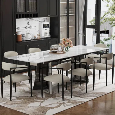 Modern Dining Table Set For 8-10 With 94.5'' Extendable Sintered Stone Dining Table And 8 Fabric Upholstered Arm Chairs | Wayfair North America