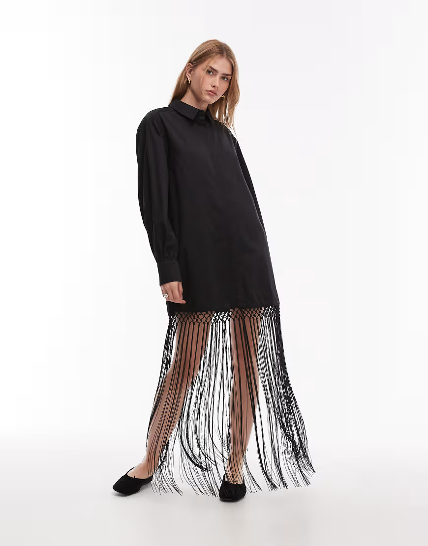 ASOS DESIGN shirt mini dress with fringe hem in black | ASOS (Global)