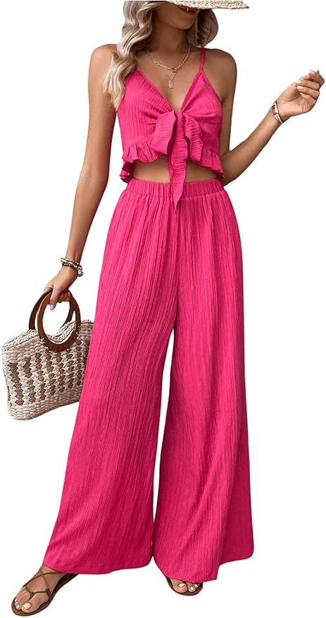 Women's 2 Pieces Outfit Bow Front Ruffle Trim Cami Crop Top and High Waist Wide Leg Pants Set | Amazon (US)