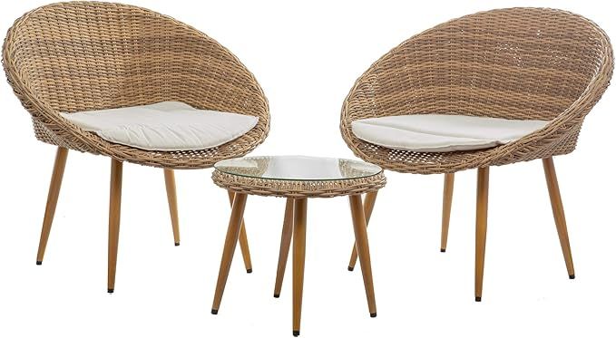 BELLEZE Hitia 3 Pieces Wicker Patio Conversation Bistro Set, Brown | Amazon (US)