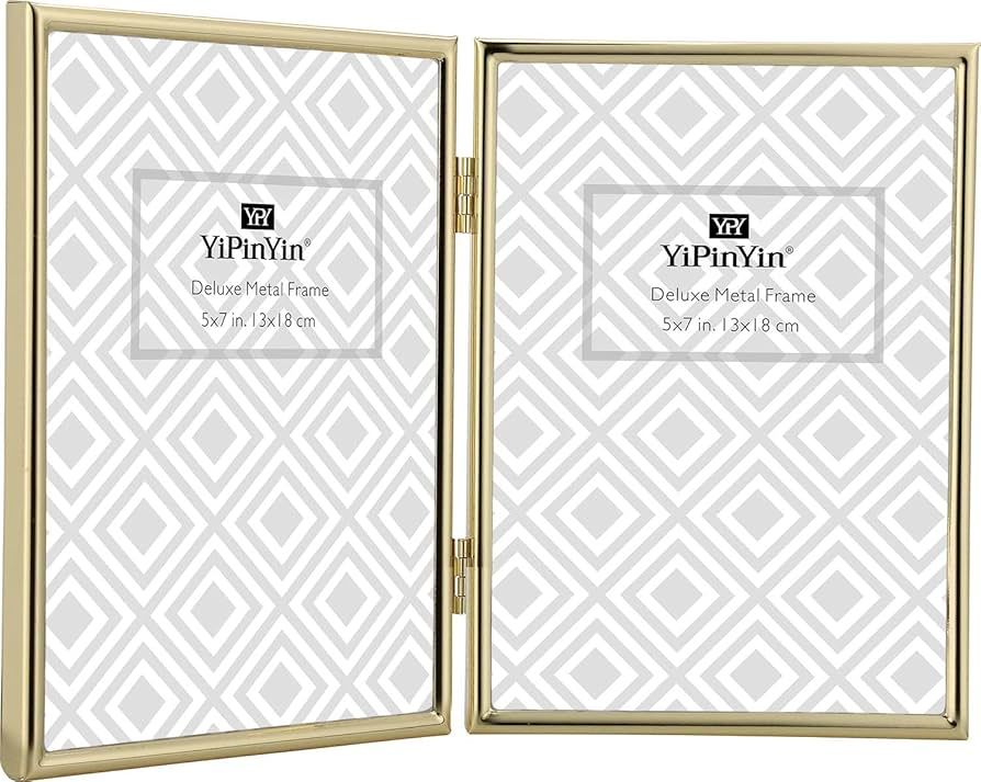 YiPinYin 5x7'' Hinged Double Simply Gold Metal Picture Frames, Elegant Narrow Plated Metal Photo ... | Amazon (US)