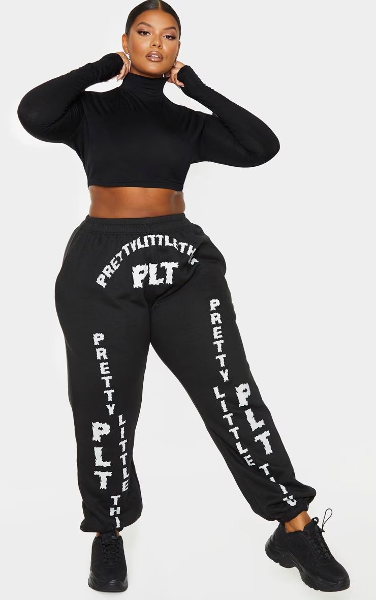 PRETTYLITTLETHING Plus Black Contrasting Graphic Printed Joggers | PrettyLittleThing US