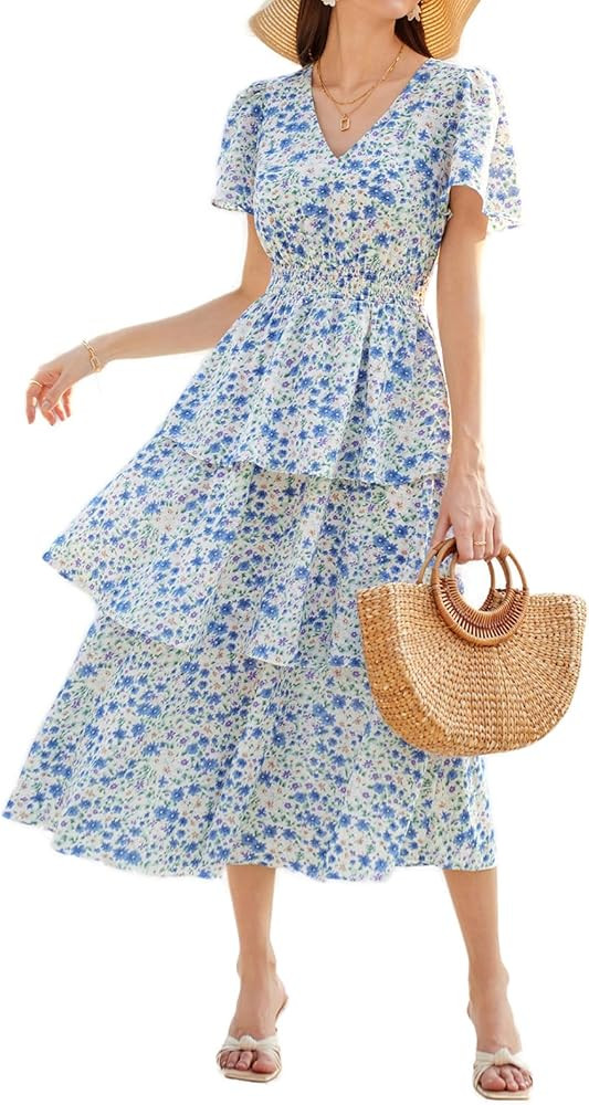 GRACE KARIN Women's 2024 Floral Summer Long Midi Dress V Neck Short Sleeve Ruffle Tiered Layered ... | Amazon (US)