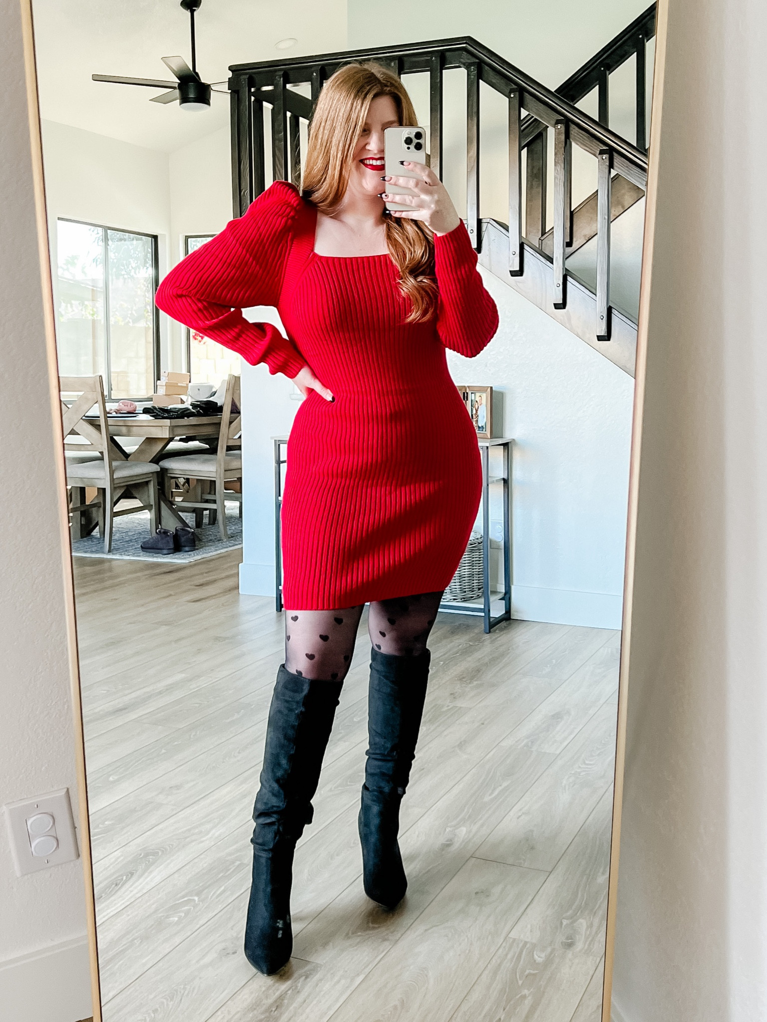 Valentine’s Day outfit from amazon. Red sweater dress size large. Amazon dress. Heart print tights. Amazon outfit. Valentine’s Day dress. Date night outfit. 

#LTKstyletip #LTKsalealert #LTKunder50