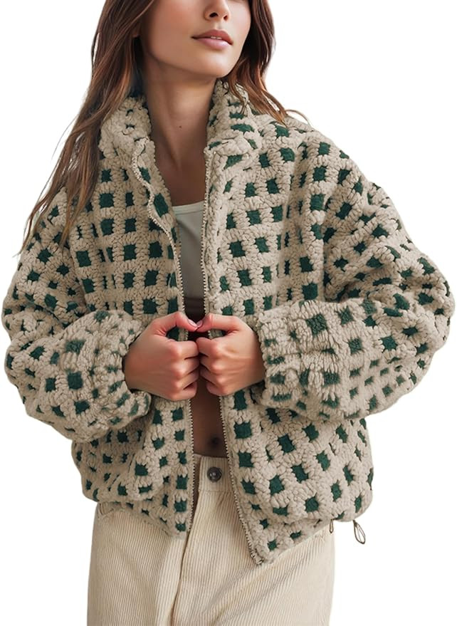 Lianlive Women Winter Sherpa Fleece Jacket Long Sleeve Zip Up Checkered Fuzzy Cropped Coats Warm ... | Amazon (US)