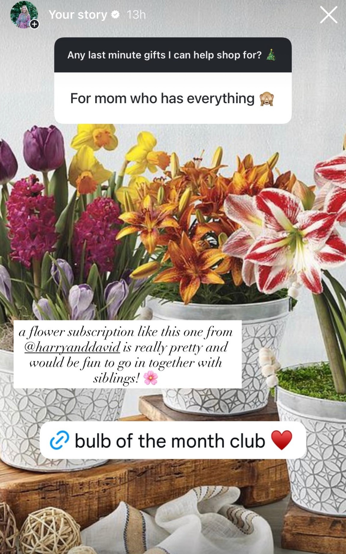 Another sweet gift for mom’s! This would be fun to go in together with siblings and your mom would get a beautiful floral arrangement each month! I like that this is a little bit more than just a bouquet 

#LTKGiftGuide #LTKHoliday