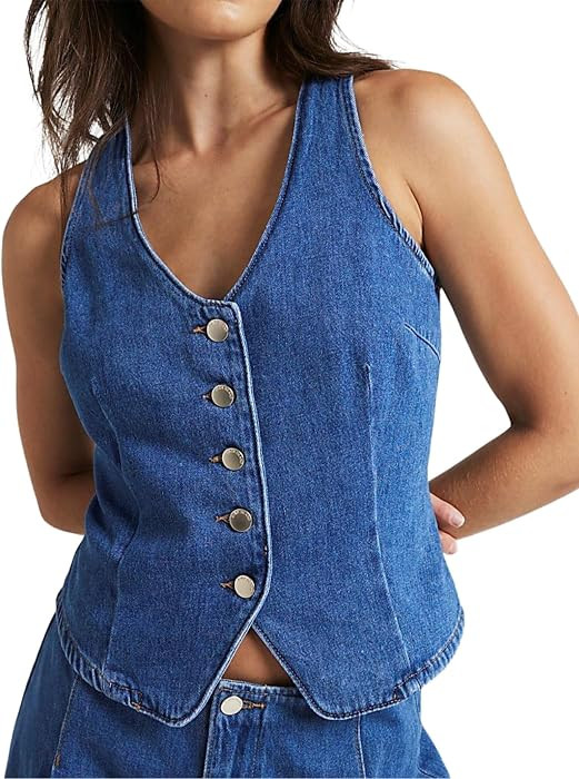 Womens Denim Vest Sleeveless V neck Button Down Casual Jean Suit Waistcoat Vest | Amazon (US)