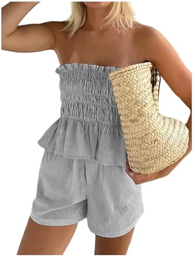 Amazon.com: KAOBIO Women 2 Piece Outfits Ruffle Stripe Shorts Set 2026 Summer Off Shoulder Smocke... | Amazon (US)