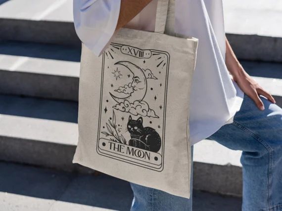 The Moon Cat Tarot Card Tote Bag Witchy Halloween Black Cat - Etsy | Etsy (US)