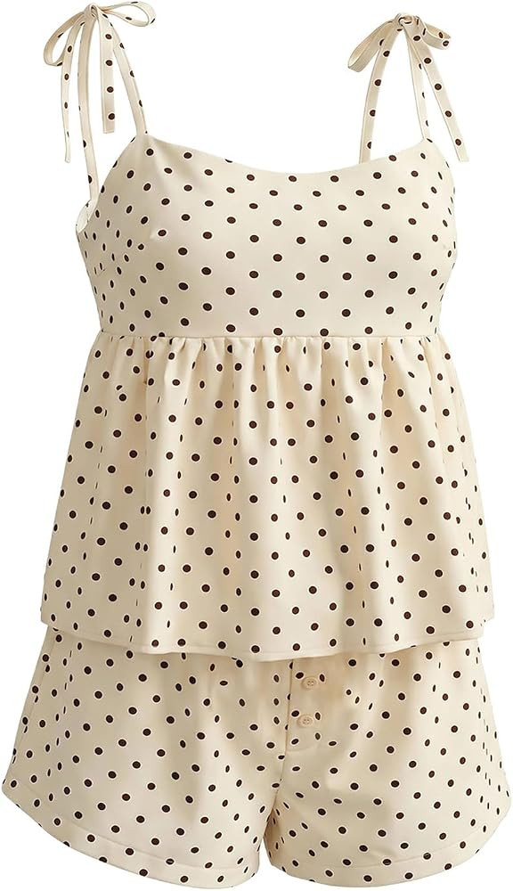 GORGLITTER Women's Polka Dots Short Set Going Out 2 Piece Outfits Tie Shoulder Babydoll Top and S... | Amazon (US)