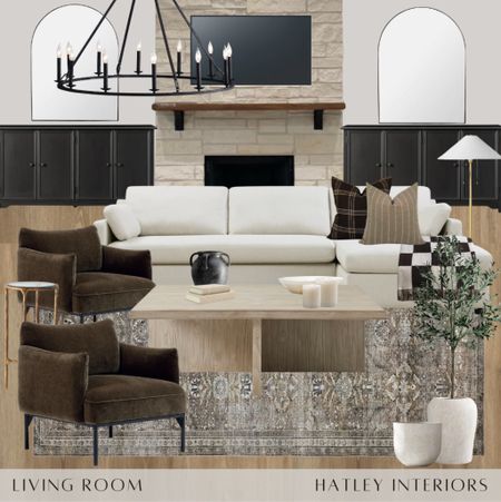 transitional living room mood board //

living room decor, modern farmhouse, white sectional, accent chair, loloi area rug, living room storage, media cabinets, fireplace built ins, wood coffee table, ring chandelier, wheel chandelier 

#LTKhome #LTKunder100 #LTKFind