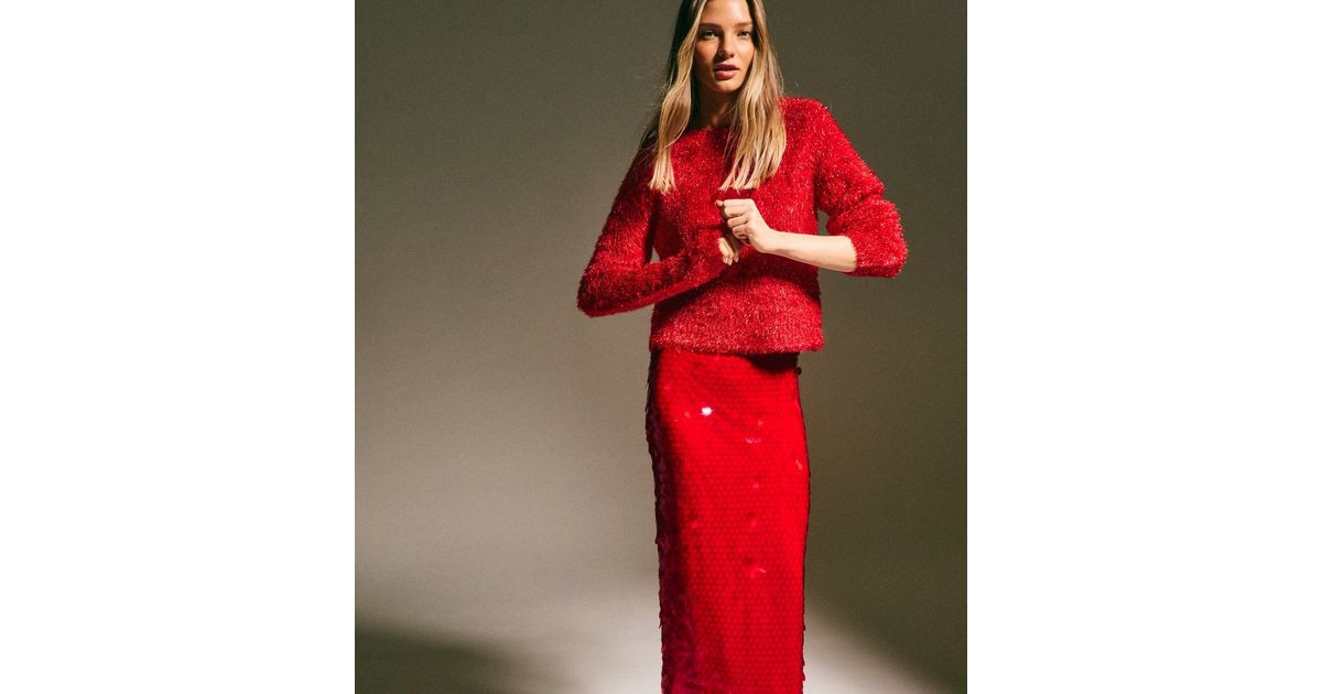 Red Sparkle Knit Crew Neck Jumper | New Look | New Look (UK)