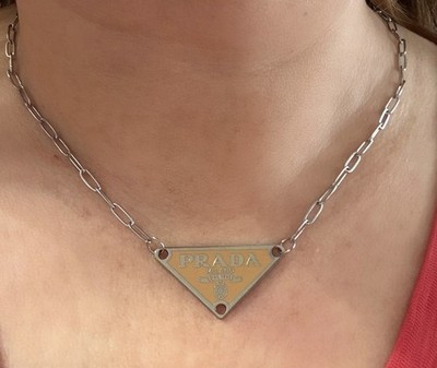 Brand New Upcycled Prada Necklace Silver And Tan Logo Length 16 Inches | eBay US