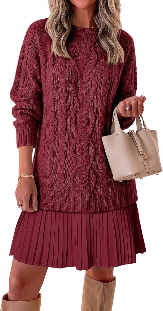 Saodimallsu Womens Cable Knit Sweater Dress Patchwork Pleated Long Sleeve Crewneck Fall Chunky Pr... | Amazon (US)