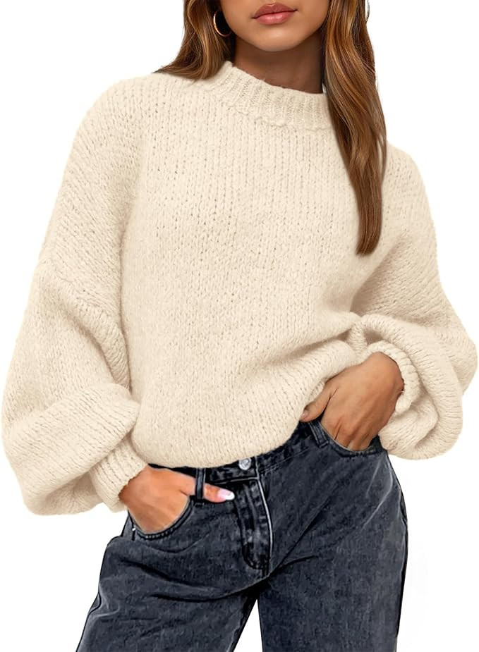 BTFBM Sweaters for Women Fall 2025 Crew Neck Lantern Long Sleeve Oversized Sweater Casual Knit Wi... | Amazon (US)