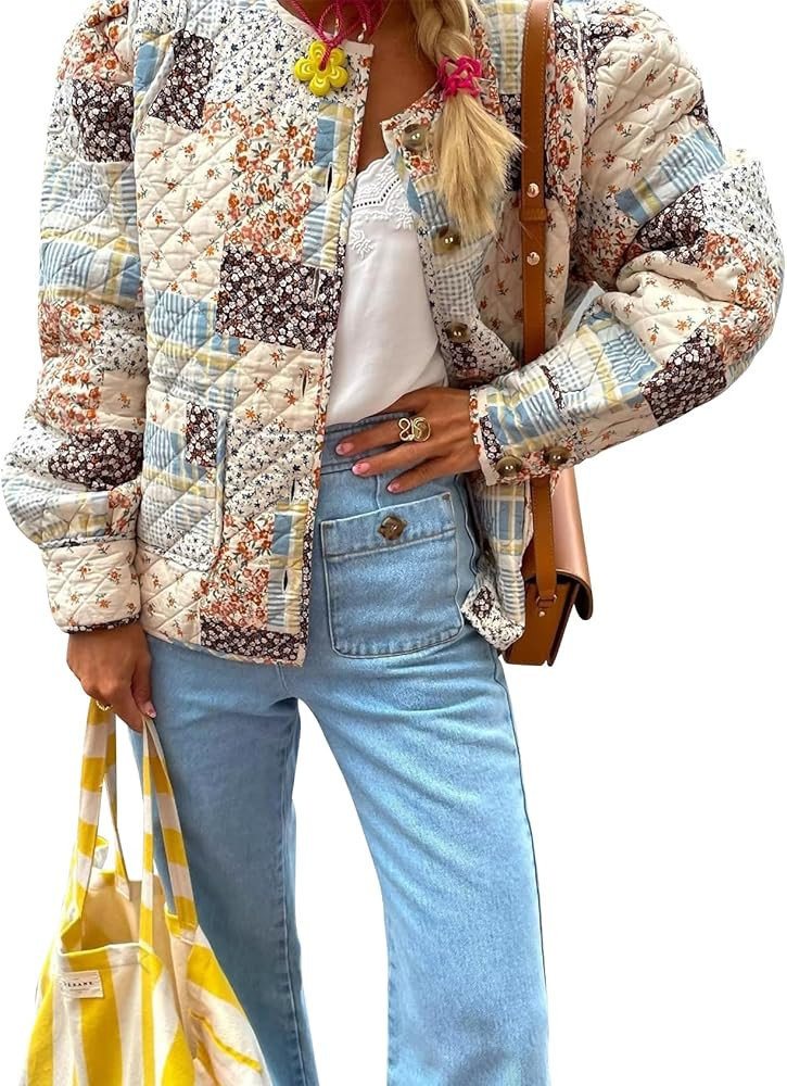 Women Floral Printed Quilted Jacket Colorblock Lightweight Padded Jacket Puffer Coat Outwear | Amazon (US)