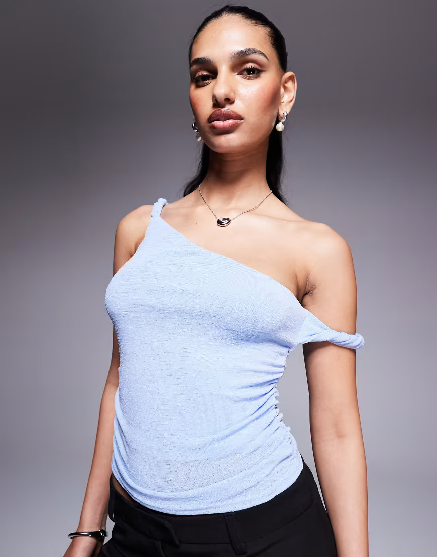 Princess Polly textured twist off shoulder top in baby blue | ASOS (Global)