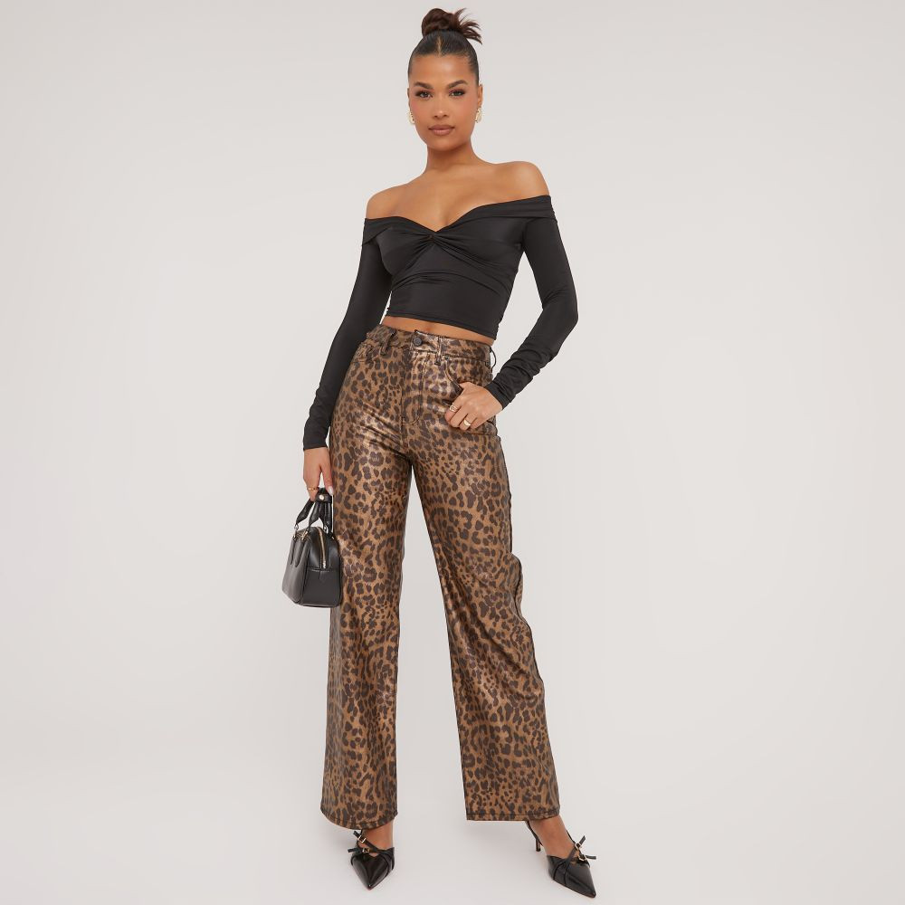 Mid Rise Wide Leg Jeans In Dark Gold Leopard Print Denim | EGO (UK)