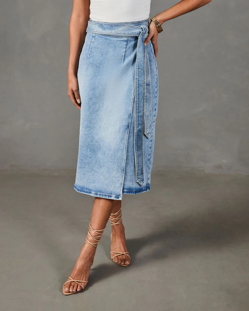 Class Act Denim Wrap Midi Skirt | VICI