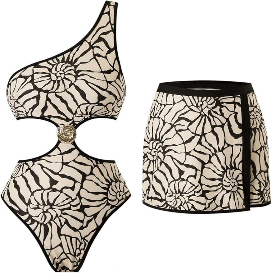 Floerns Women's One Piece Swimsuits Seashell One Shoulder Cut Out Monokini with Cover Up Skirt | Amazon (US)