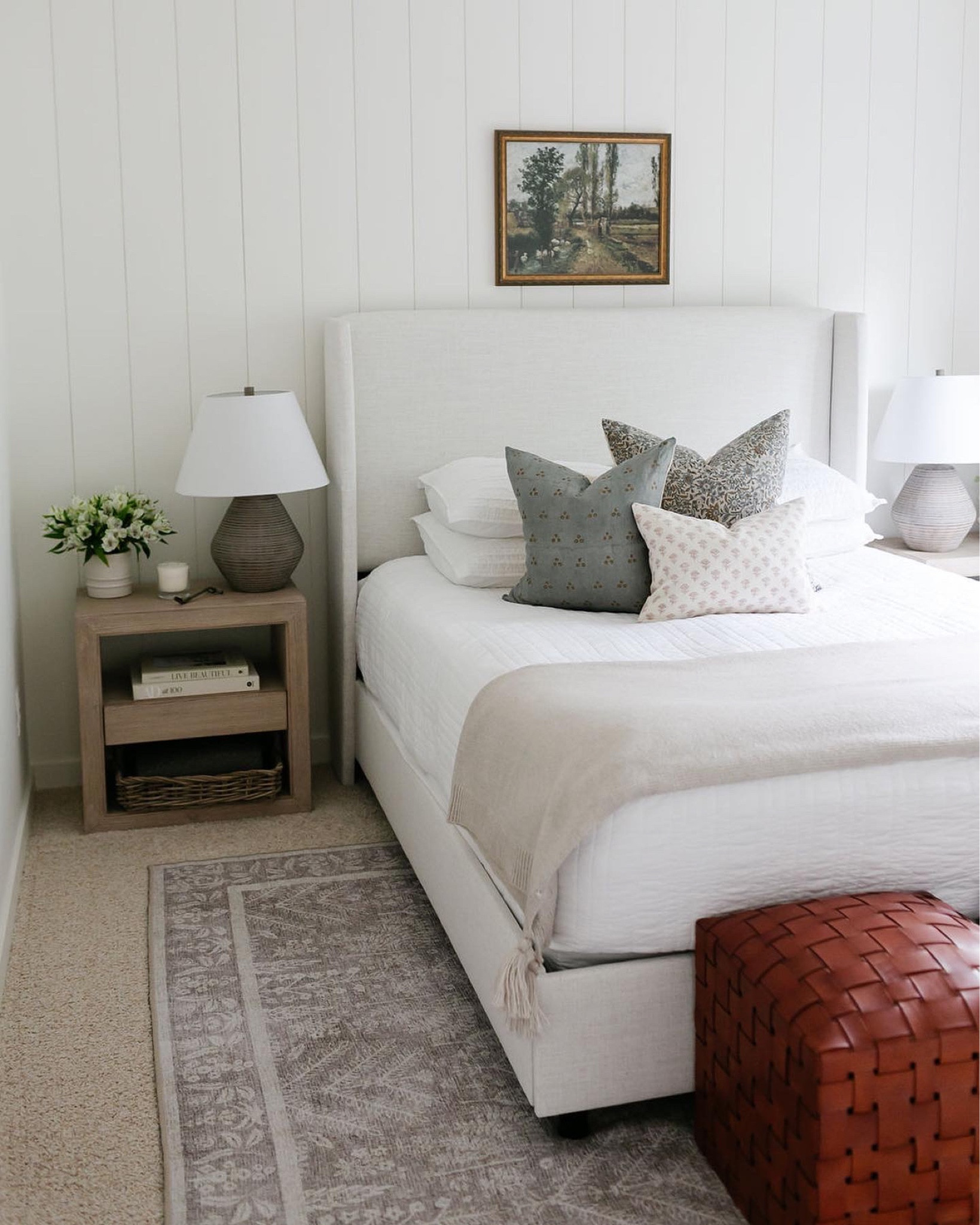 Upholstered bed, quilt, throw pillows, sheet set, vintage rug, Leather ottoman, wood nightstand 

#LTKhome #LTKsalealert #LTKstyletip