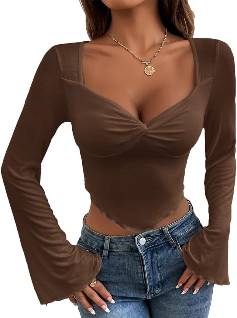 Fuimsul Women Sweetheart Neck Twist Front Tee Shirt Flounce Sleeve Skinny Lettuce Trim Asymmetric... | Amazon (US)
