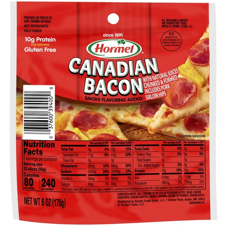 HORMEL Pizza Style Canadian Pork Bacon slices, Refrigerated, 6 oz Plastic Bag | Walmart (US)
