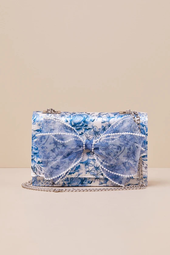 Kitsch Blue and White Floral Satin Pearl-Trimmed Bow Handbag | Lulus