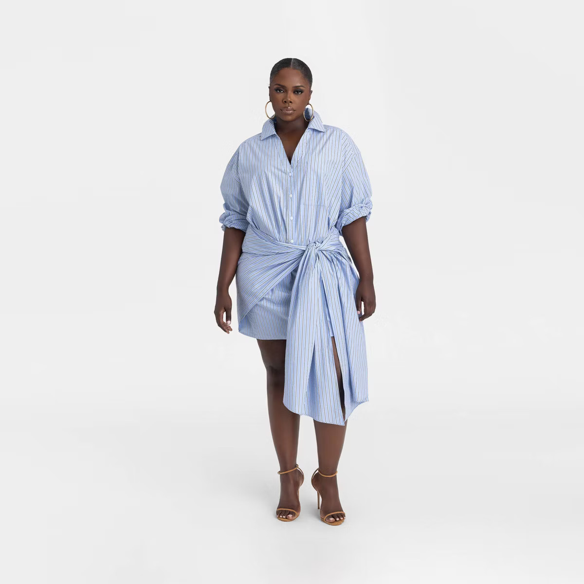 KBB by KAHLANA Women's Long Sleeve 'The Tie Waist Shirtdress' - Light Blue Striped | Target