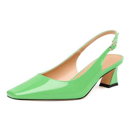 HeySoleModa Womens Slingbacks, Small Square Toe Mid Block Heel Slingback Pumps for Women, Leather Insole Pumps Shoes Buckle Closure 2" Grass Green Patent Size 11 | Amazon (US)