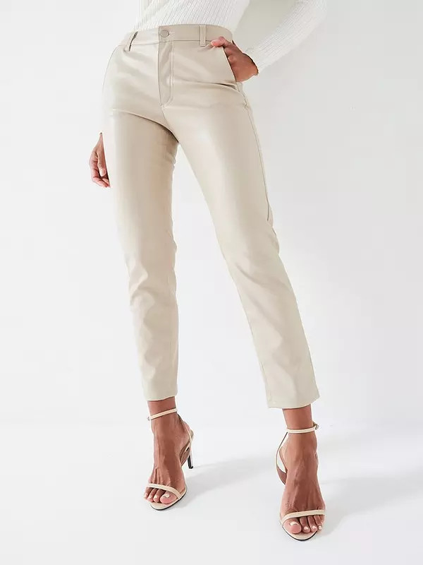 V by Very Faux Leather Slim Cigarette Trousers - Beige | Very (UK)