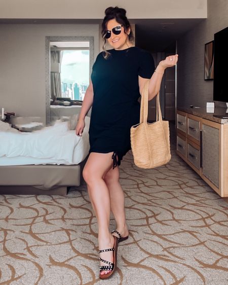 Casual vacation outfit complete with the black cotton t-shirt dress, black studded sandals, rattan purse, and gold trimmed sunglasses!

Wearing an M in the ruched dress, shoes TTS

Target dress, amazon shoes, cushionaire sandals, vacation outfit, casual outfit, easy outfit 

#LTKtravel #LTKFind #LTKcurves