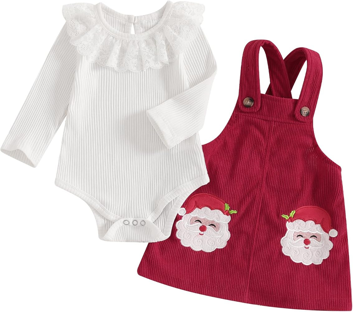 My First Christmas Baby Girl Outfit Newborn Lace Romper and Santa Corduroy Skirt Dress Outfits Cl... | Amazon (US)