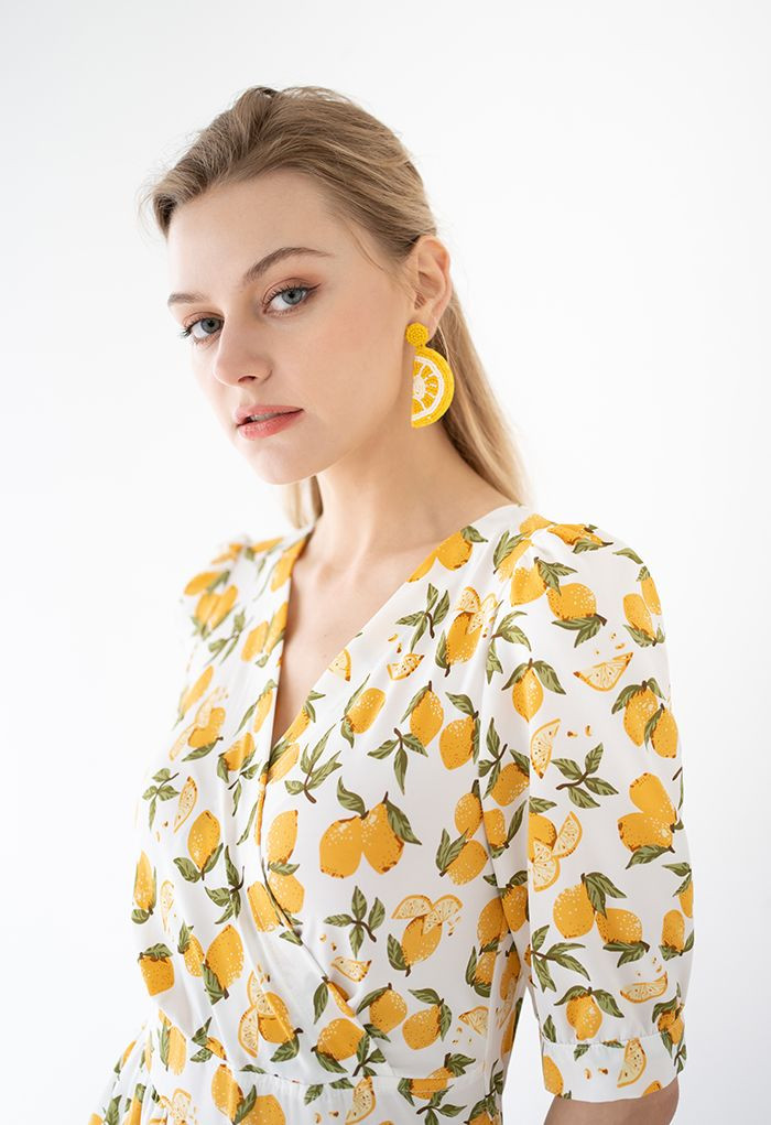 Summer Lemon Print Frilling Wrapped Dress | Chicwish