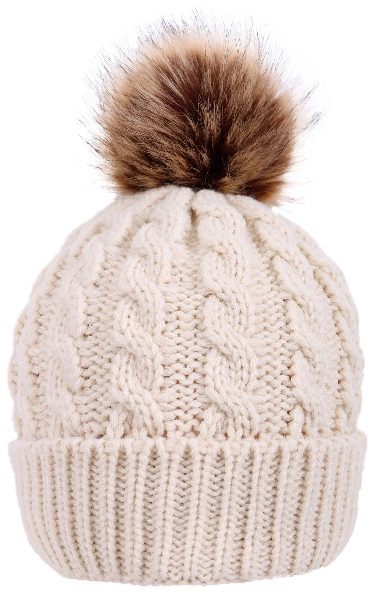 Women's Winter Soft Knitted Beanie Hat with Faux Fur Pom Pom, Cream | Walmart (US)