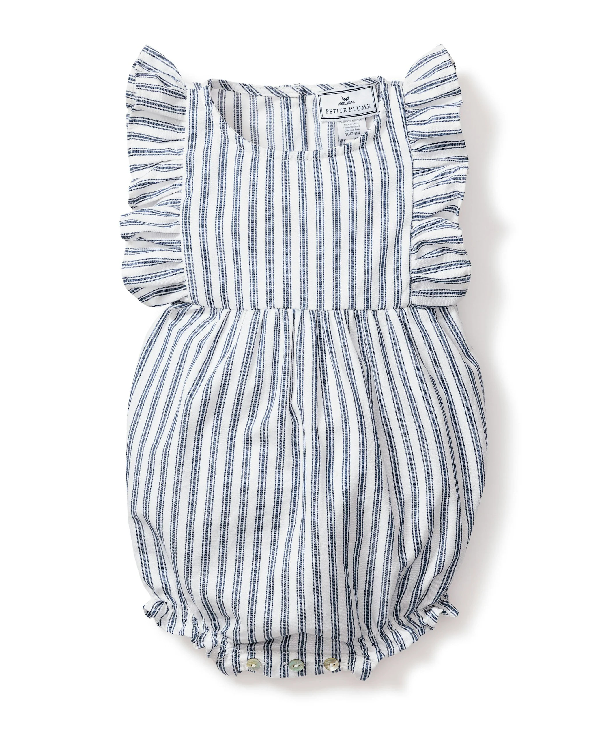 Baby's Twill Ruffled Romper in Navy French Ticking | Petite Plume