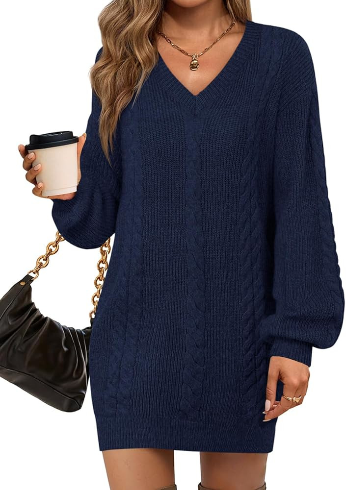 Saodimallsu Womens Oversized Mini Sweater Dress Casual V Neck Cable Knit Long Lantern Sleeve Fall... | Amazon (US)
