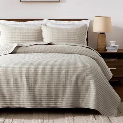 Beige King Quilt Set – 3-Piece Channel Pick Stitch Striped Lightweight Coverlet with Pillow Shams, All-Season Bedding | Wayfair North America