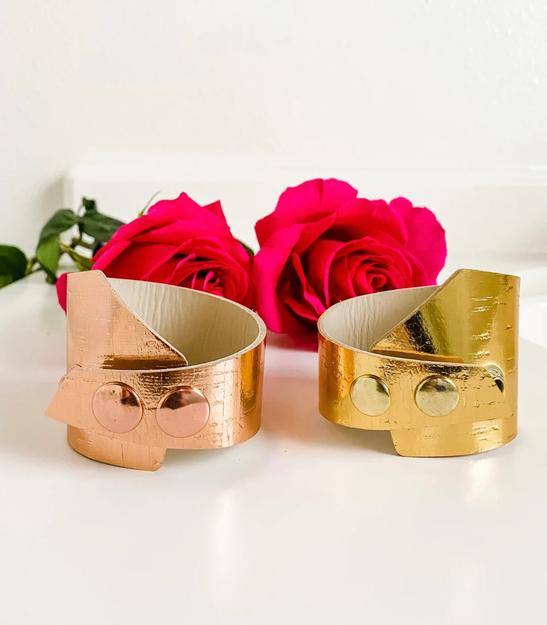 Metallic Wrap Around Cuff Bracelets, Choose Rose Gold or Gold Leather Backed Cork, Statement Brac... | Etsy (US)