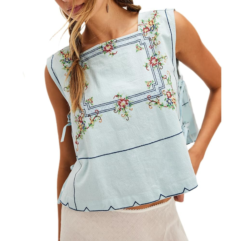 Babydoll Tie Front Tank Tops Women Sleeveless Crop Vest Floral Embroidered Sexy Y2k Bow Going Out... | Amazon (US)