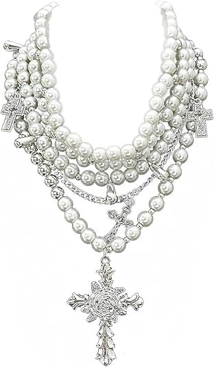 Layered Pearl Necklace Gothic Cross Pearl Stacked Necklace for Women | Amazon (US)