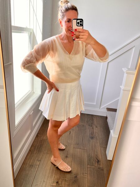 Summer outfit from JCrew

Sheer sweater - wearing true size M. 

Pointelle tank top - wearing true size M

Pleated tennis skirt - sized up to 10

#LTKFindsUnder100 #LTKStyleTip #LTKTravel